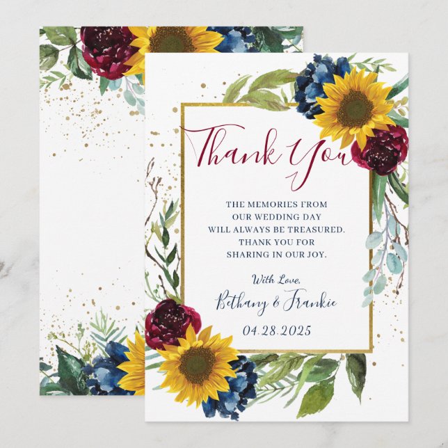 Chic Sunflower Burgundy Navy Blue Floral Dankeskarte (Vorne/Hinten)