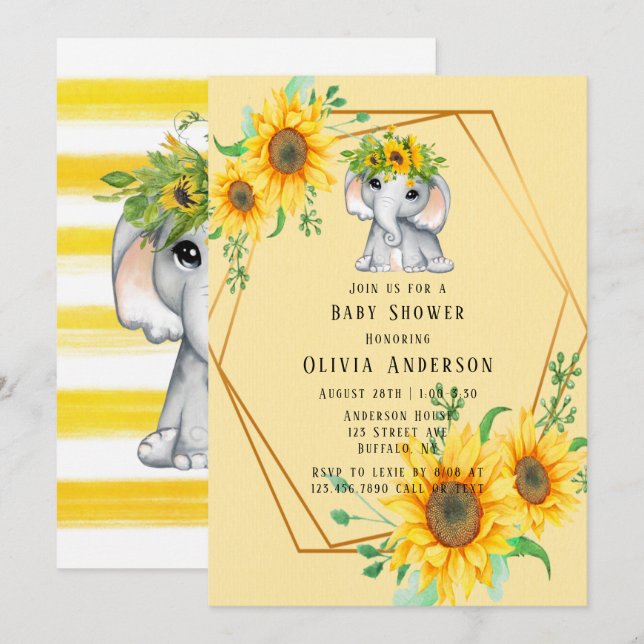 Chic Sunflower Elephant Girl Baby Dusche Einladung (Vorne/Hinten)