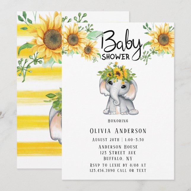 Chic Sunflower Elephant Girl Baby Dusche Einladung (Vorne/Hinten)