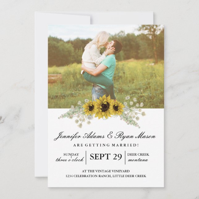 Chic Sunflower Wasserfarbe und Foto Hochzeit Einladung (Vorderseite)