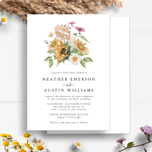 Chic Sunflower Wedding Einladung (Chic Watercolor Sunflower Wildflower Floral Wedding Invitation by Painted Paperie
)