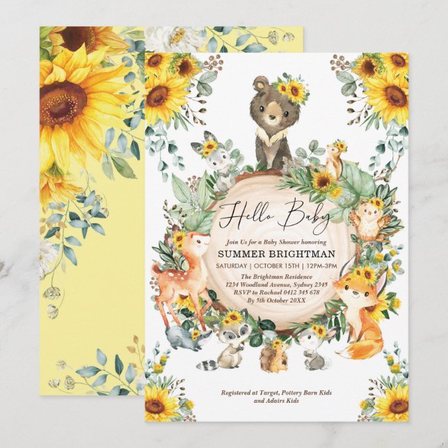 Chic Sunflower Woodland Forest Animals Baby Dusche Einladung (Vorne/Hinten)