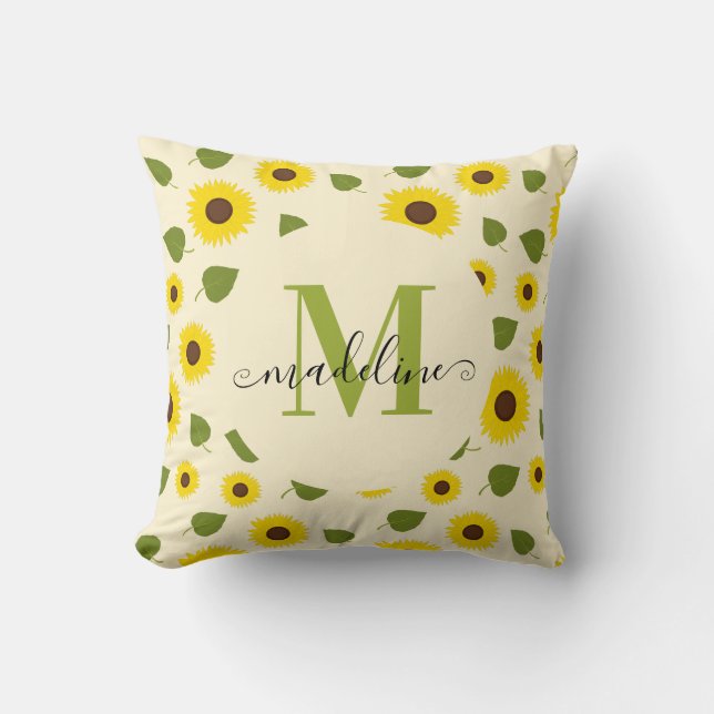 Chic Sunflower Yellow Green Leaf Script Monogram Kissen (Vorderseite)