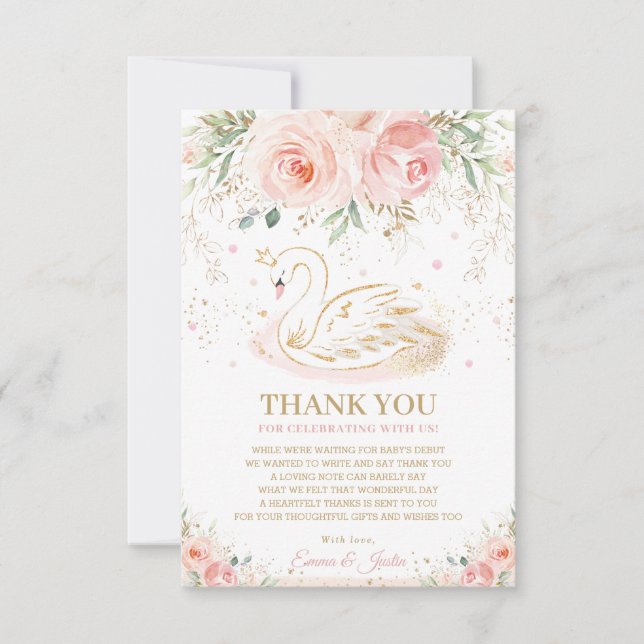Chic Swan Princess Blush Pink Floral Baby Dusche Dankeskarte (Vorderseite)