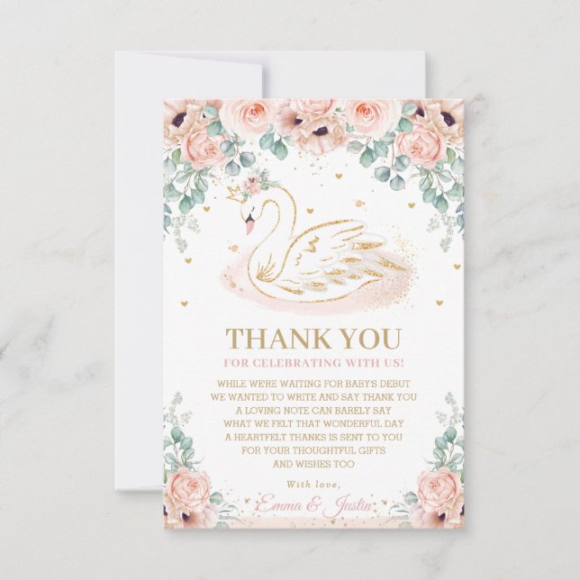 Chic Swan Princess Blush Pink Floral Baby Dusche Dankeskarte (Vorderseite)