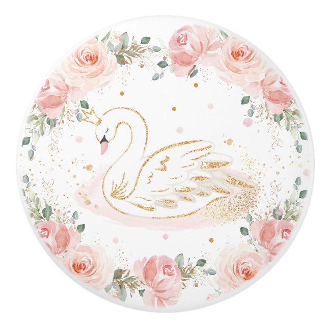 Chic Swan Princess Pastel Blush Floral Gold Keramikknauf (Vorderseite)