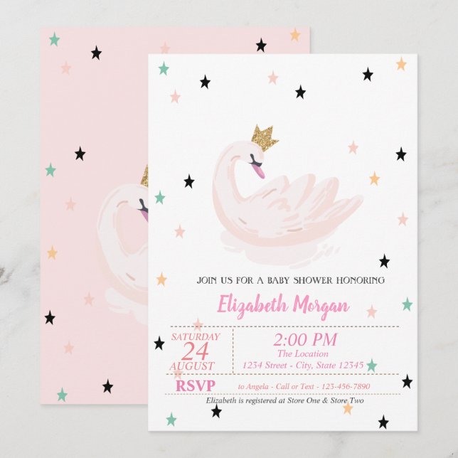 Chic Swan, Stars, Princess Baby Dusche Einladung (Vorne/Hinten)