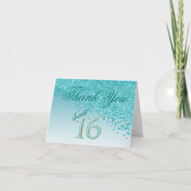 Chic Sweet 16 Aquamarin Blue Glitzer Vielen Dank Dankeskarte (Vorderseite)