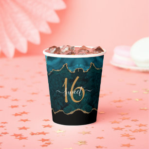 Chic Sweet 16 Aquamarin Gold Agate Party Pappbecher