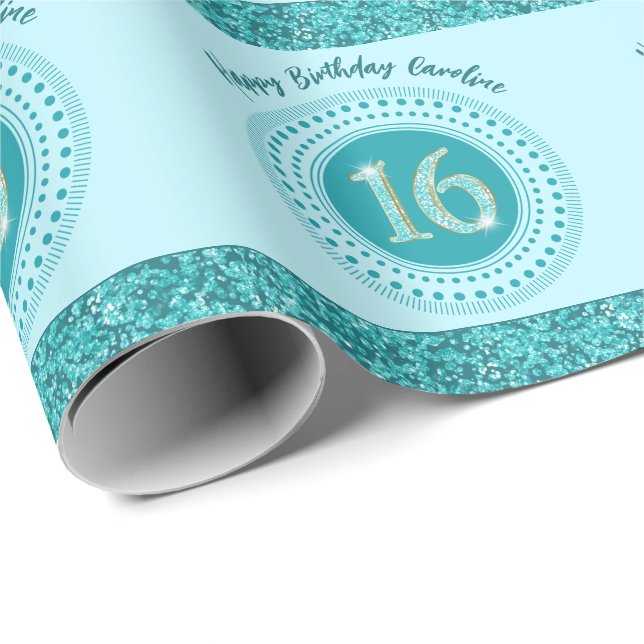 Chic Sweet 16 Birthday, Aquamarin Blue Glitzer & S Geschenkpapier (Rolleneckpunkt)