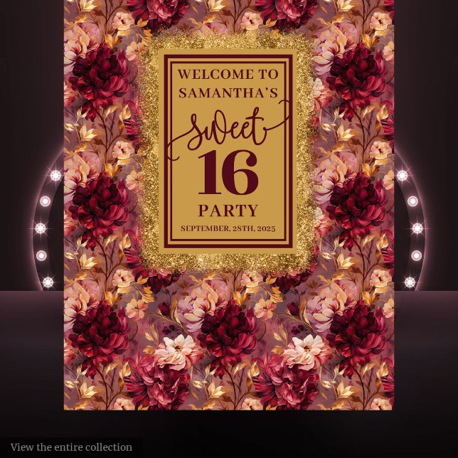 Chic Sweet 16 Blush Burgundy Gold Dekor Banner Wandteppich (Chic Sweet 16 Blush Burgundy Gold Decor Banner)