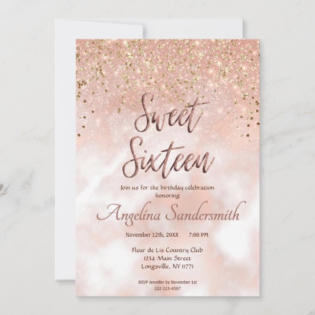 Chic Sweet 16 Blush Pink Rose Gold Glitzer Einladung (Vorderseite)