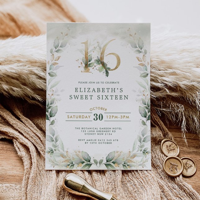 Chic Sweet 16 Botanical Greenery Gold Geburtstag Einladung (Von Creator hochgeladen)