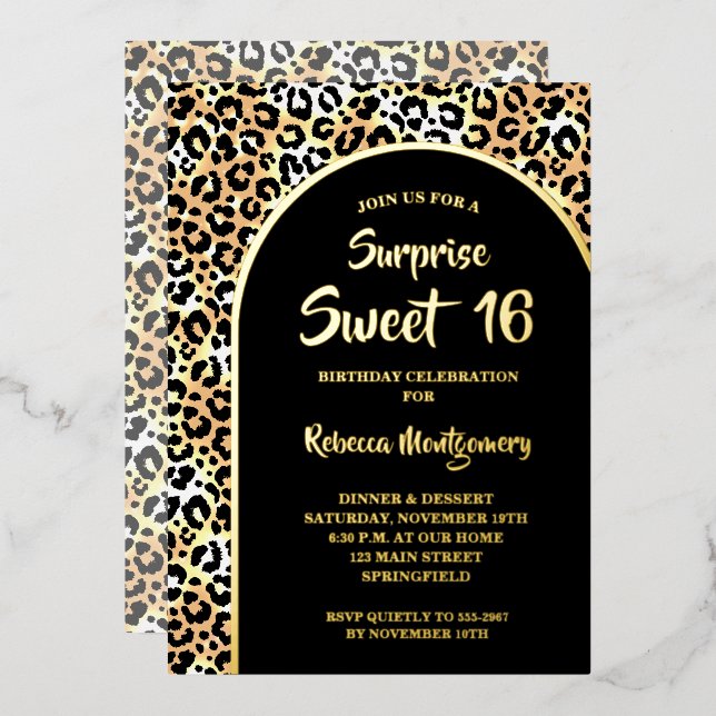 Chic Sweet 16 Leopard Print Birthday Gold Folieneinladung (Vorderseite/Rückseite)