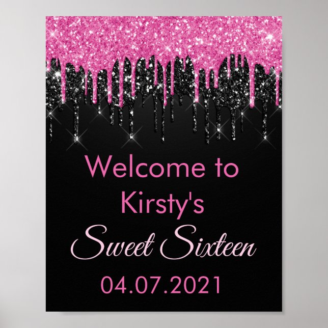 Chic Sweet 16 Pink Black Glitzer Party Willkommens Poster (Vorne)