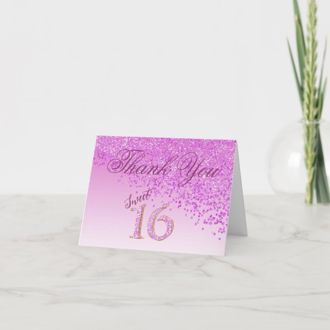 Chic Sweet 16 Pink Glitzer Vielen Dank Dankeskarte (Vorderseite)