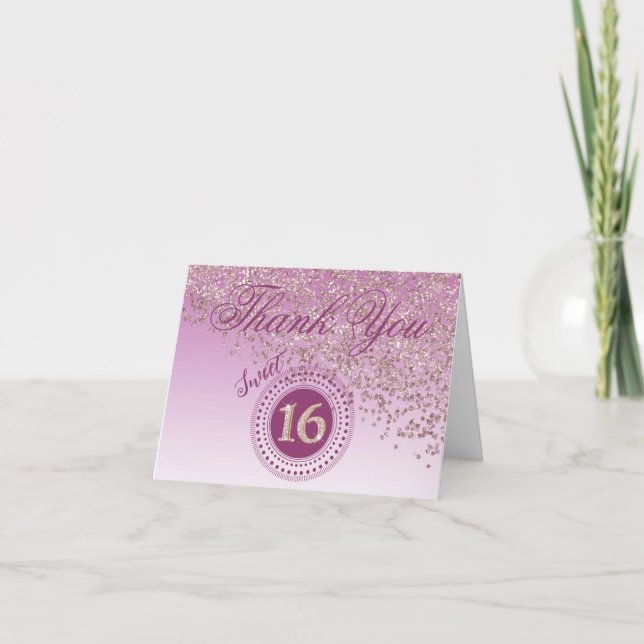 Chic Sweet 16 Rose Gold Glitzer Vielen Dank Dankeskarte (Vorderseite)