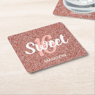 Chic Sweet 16 Rose Gold Pink Glitzer Personalisier Rechteckiger Pappuntersetzer