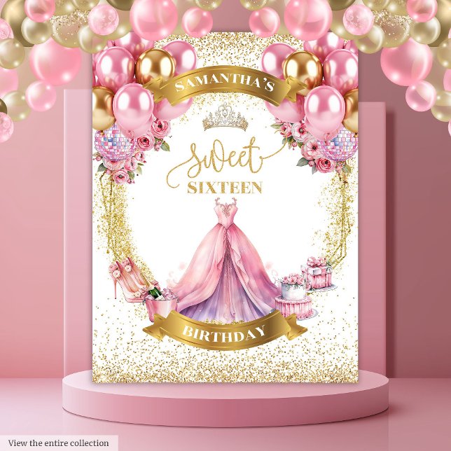 Chic Sweet 16 Tapestry Pink Dress Gold Glitzer Wandteppich (Chic Sweet 16 Tapestry Pink Dress Gold Glitter)