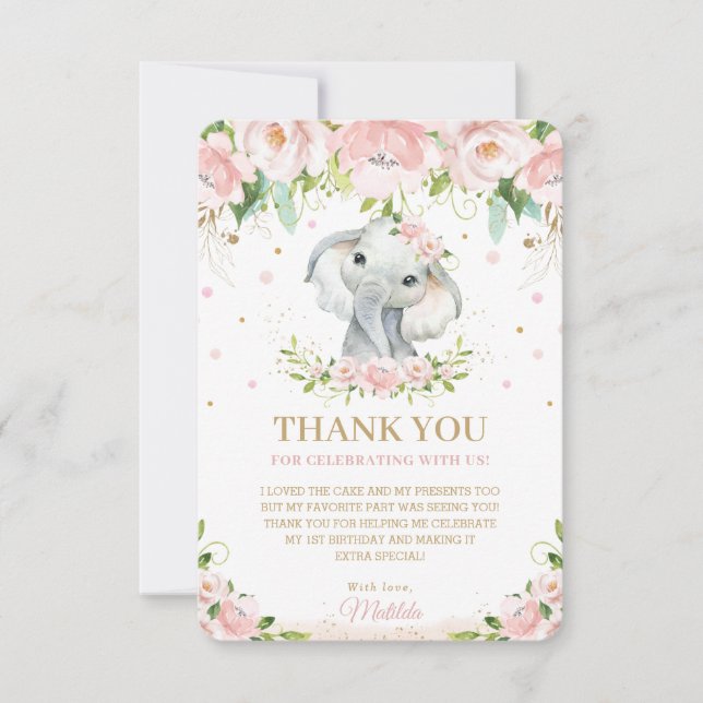 Chic Sweet Elephant Blush Pink Floral 1. Geburtsta Dankeskarte (Vorderseite)
