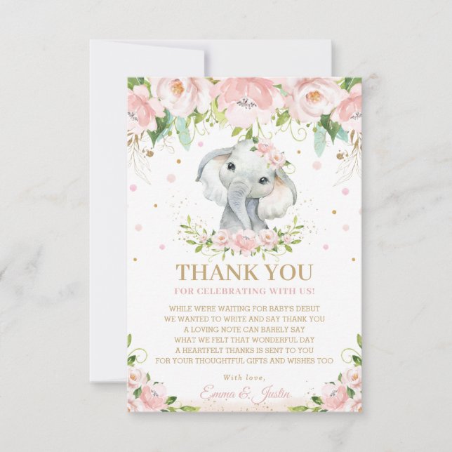 Chic Sweet Elephant Pink Floral Baby Dusche Dankeskarte (Vorderseite)