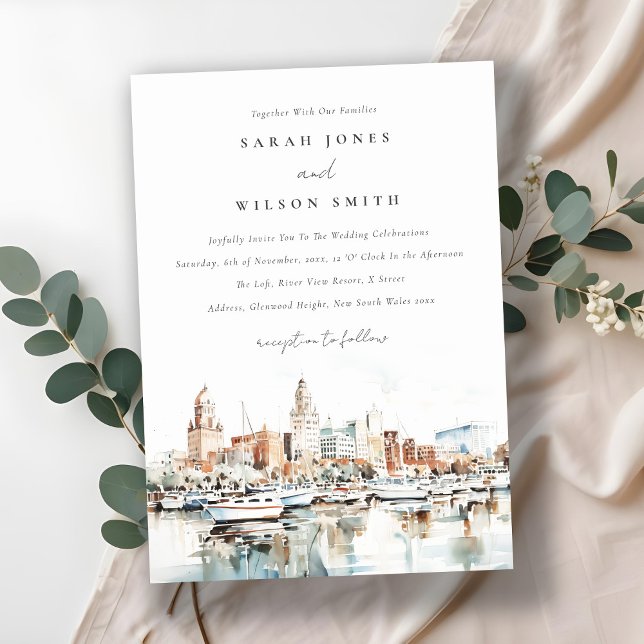 Chic Tampa Florida Skyline Watercolor Wedding Einladung (Von Creator hochgeladen)