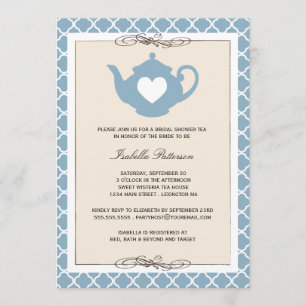 Chic Tan & Blue Teapot Brautparty Tee Party Einladung