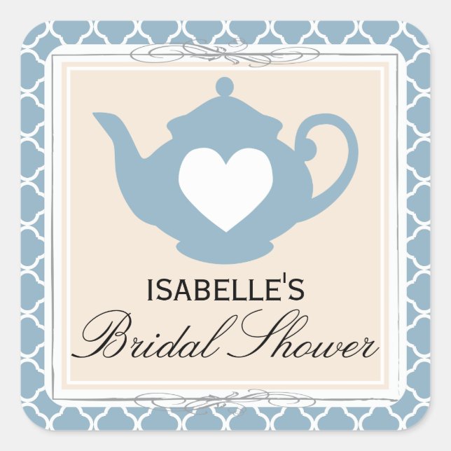 Chic Tan & Blue Teapot Brautparty Tee Party Quadratischer Aufkleber (Vorderseite)