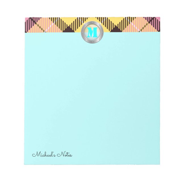 Chic Tartan Metallic Custom Script Monogram Cyan Notizblock (Vorderseite)