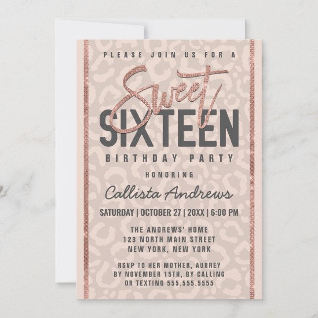 Chic Taupe Pink Rose Gold Glitzer Cheetah Sweet 16 Einladung (Vorderseite)