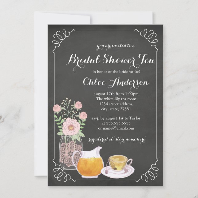 Chic Teacup Chalkboard Bridal Dusche Einladung (Vorderseite)