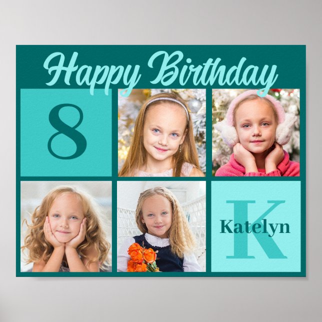 Chic Teal Birthday Party Custom Photo Collage Poster (Vorne)