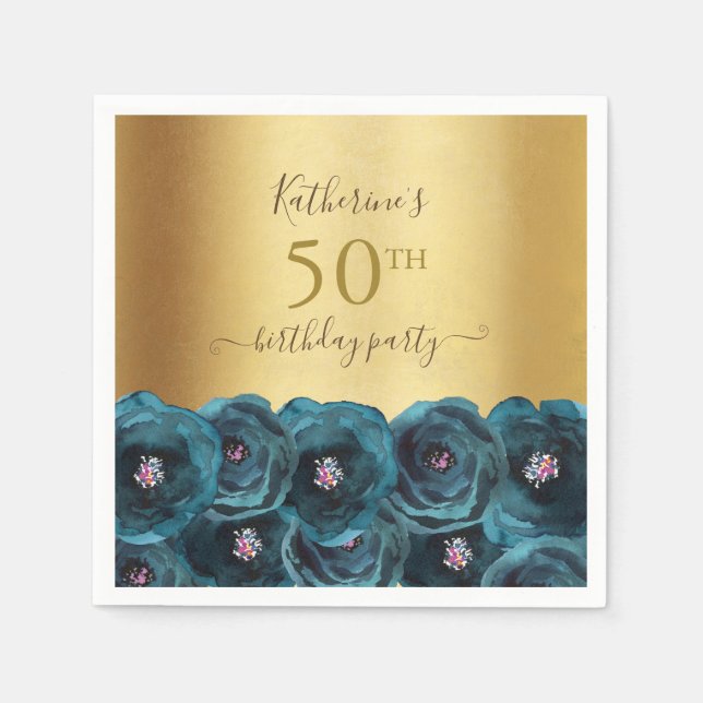 Chic Teal Rose Floral Gold 50th Birthday Party Serviette (Vorderseite)