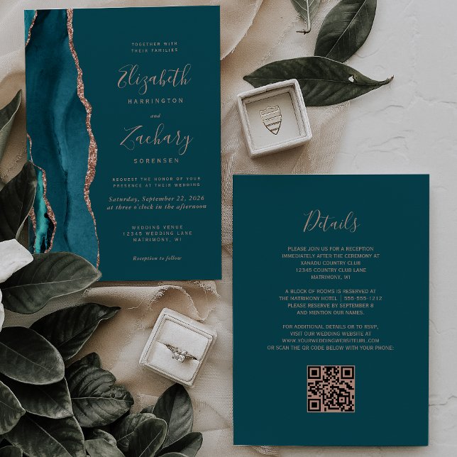 Chic Teal Rose Gold Agate QR Code Wedding Einladung (Von Creator hochgeladen)