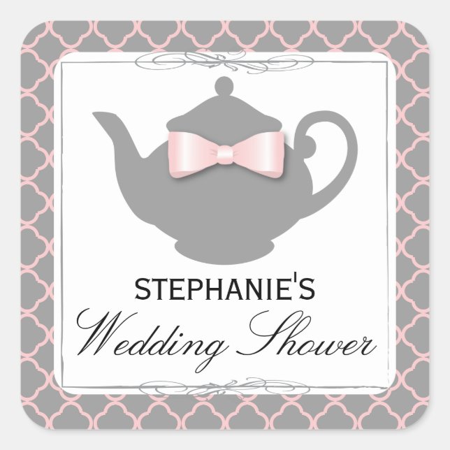 Chic Teapot Pink + Graue Brautparty Teeaufkleber Quadratischer Aufkleber (Vorderseite)