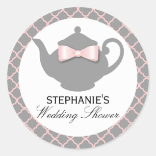 Chic Teapot Pink + Graue Polterabend Teeaufkleber Runder Aufkleber