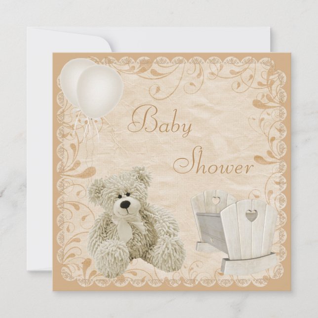Chic Teddy & Crib Neutral Baby Dusche Einladung (Vorderseite)