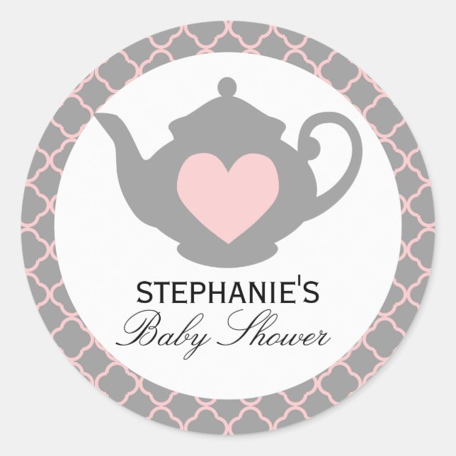 Chic Teekanne Pink + Graue Babydusche Teeaufkleber Runder Aufkleber (Vorderseite)