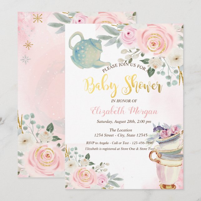 Chic Teekanne Tasse Pink Blume Babydusche Einladung (Vorne/Hinten)