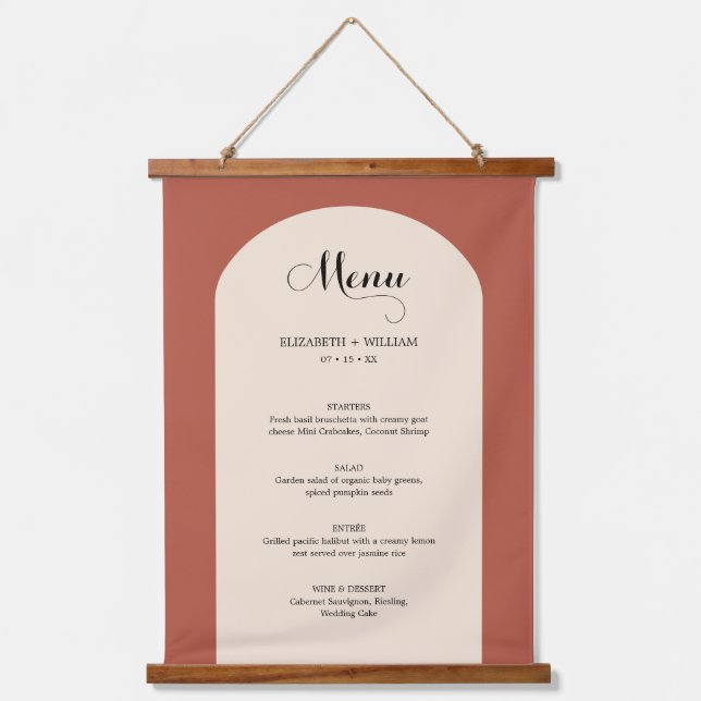 Chic Terracotta Arch Frame Skriptmenü Hochzeit Wandteppich Mit Holzrahmen (Vorderseite)