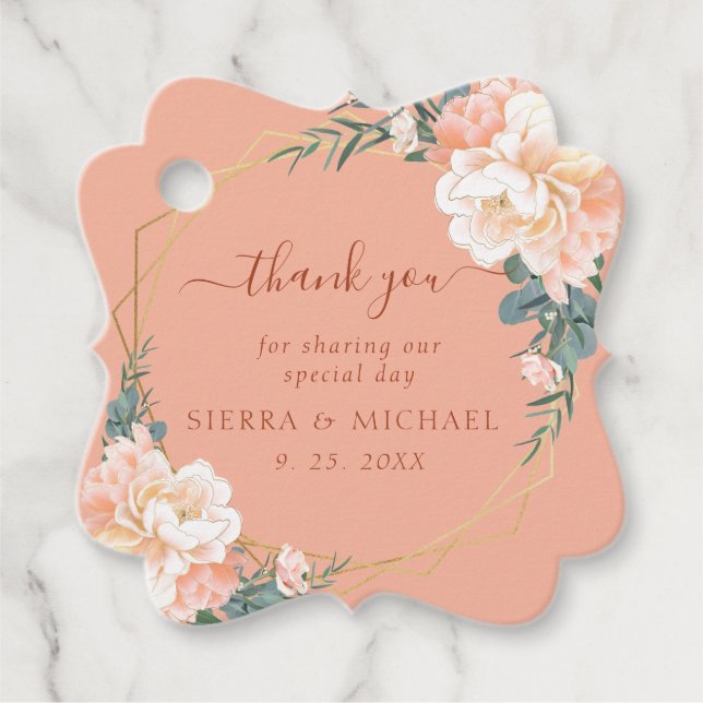 Chic Terracotta Blush Peach Gold Floral Wedding Geschenkanhänger (Vorderseite)