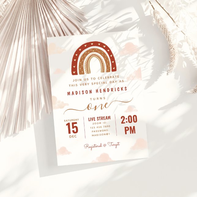 Chic Terracotta Boho Regenbogenwolken Geburtstag Einladung (Von Creator hochgeladen)