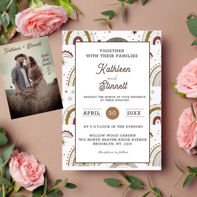Chic Terracotta Bold Bright Boho Rainbow Hochzeit Einladung (This wedding invitation is a rainbow of boho beauty, with terracotta colors and a modern design.)
