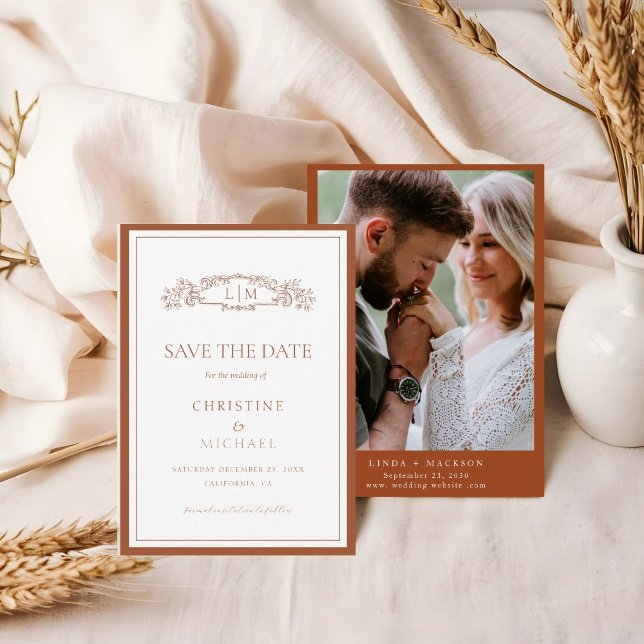 Chic Terracotta botanisches Wappen Monogramm Hochz Save The Date (Von Creator hochgeladen)