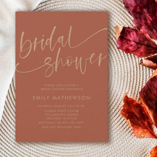 Chic Terracotta & Gold Calligraphy Brautparty Einladung (Von Creator hochgeladen)