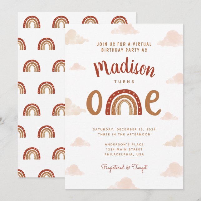 Chic Terracotta Rainbow Erster Geburtstag Einladung (Vorne/Hinten)