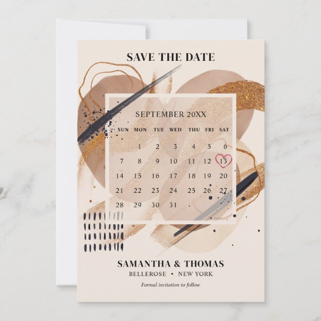 Chic Terracotta Rose Gold Glitzer Pinsel Kalender Save The Date (Vorderseite)