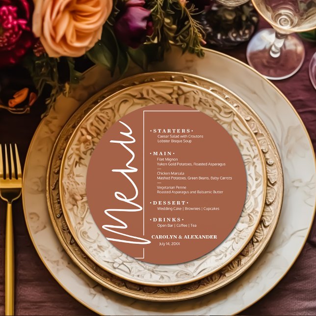 Chic Terracotta Round Menükarte (Chic terracotta round menu with your choices in white lettering. )