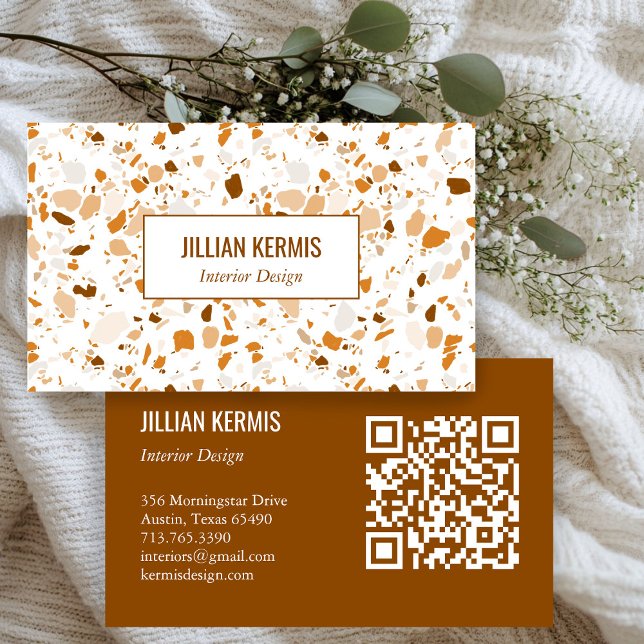 Chic terrazzo elegante Brown Factory Stores Visitenkarte (Chic terrazzo elegant Brown Terracotta CUSTOM QR Business Card
)