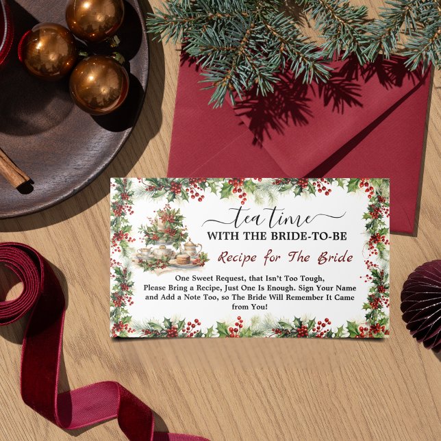 Chic Time for Tea Christmas Bridal Shower Recipe  Begleitkarte (Chic Time for Tea Christmas Bridal Shower Recipe Enclosure Card holiday holly berries pine leaves )